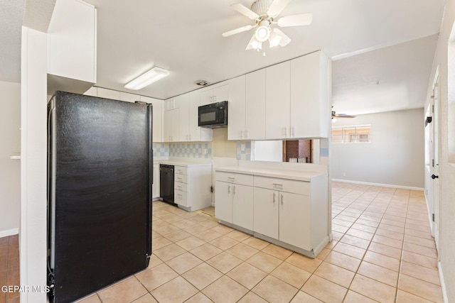 kitchen featuring light tile patterned flooring, white cabinetry, black appliances, and ceiling fan