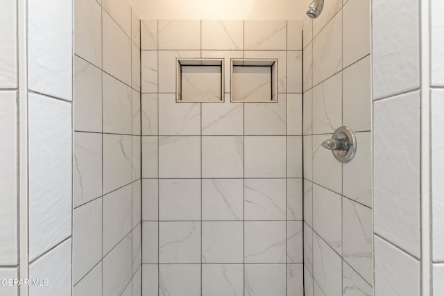 room details featuring a tile shower and a package area