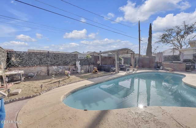 view of swimming pool featuring a patio area, a fenced in pool, a fenced backyard, and a pergola