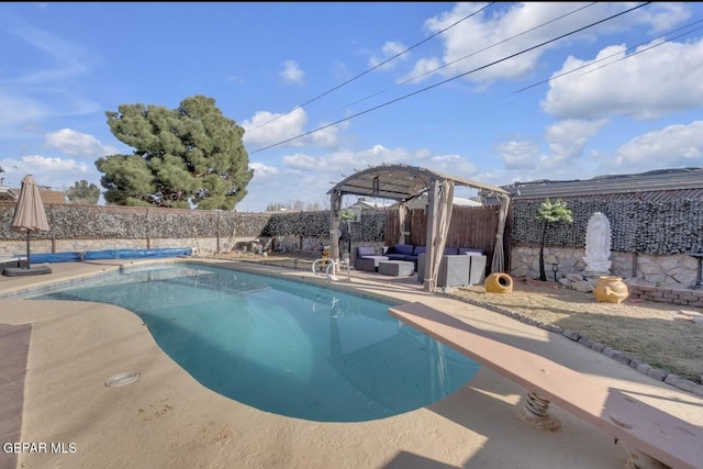 view of pool with a pergola, a patio, a fenced backyard, outdoor lounge area, and a fenced in pool