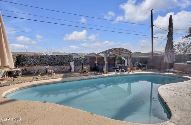 view of pool with a patio area, a fenced in pool, a pergola, and a fenced backyard