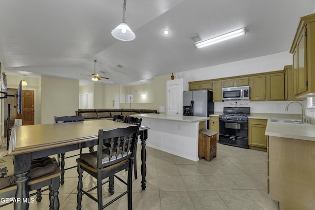 dining space with lofted ceiling, light tile patterned floors, visible vents, and ceiling fan