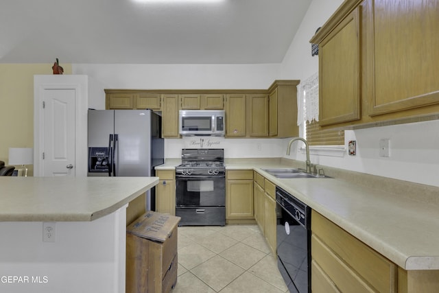 kitchen with light tile patterned flooring, black appliances, light countertops, and a sink