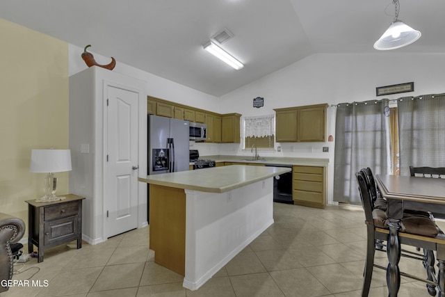 kitchen with black appliances, a sink, light countertops, light tile patterned floors, and lofted ceiling