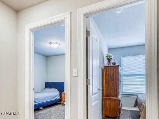 hallway with carpet floors and a textured ceiling