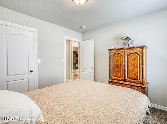 bedroom featuring carpet flooring, a textured ceiling, and baseboards