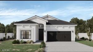 view of front of house featuring fence, a garage, driveway, a tiled roof, and a front lawn