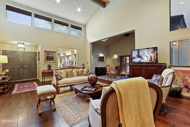 living room with high vaulted ceiling, beam ceiling, baseboards, and hardwood / wood-style flooring