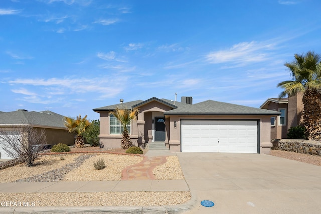 view of front of property with driveway, an attached garage, and stucco siding