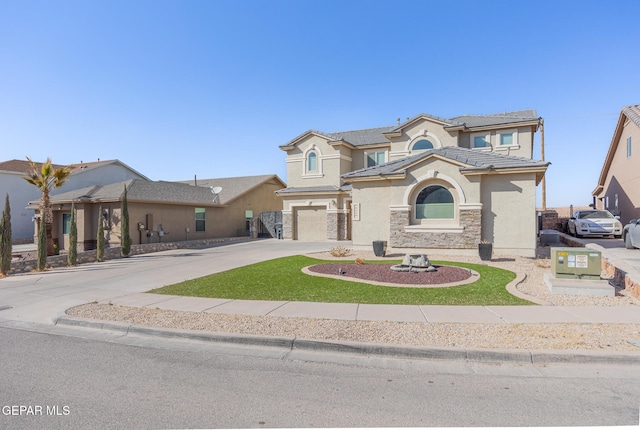 view of front of house featuring driveway, stone siding, a tile roof, an attached garage, and stucco siding