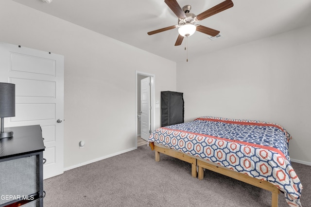 bedroom featuring carpet, visible vents, ceiling fan, and baseboards