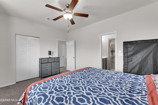 bedroom featuring baseboards, visible vents, ceiling fan, carpet flooring, and a closet