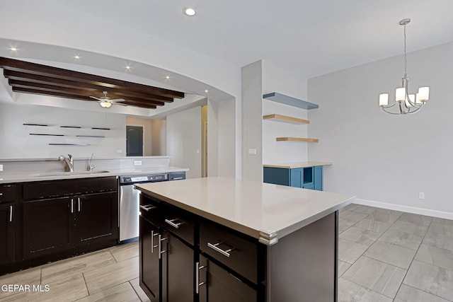 kitchen featuring a center island, a sink, light countertops, open shelves, and stainless steel dishwasher