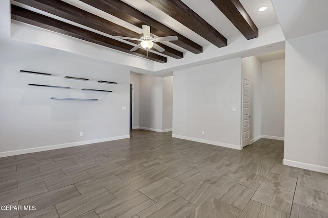 spare room featuring beam ceiling, ceiling fan, and baseboards