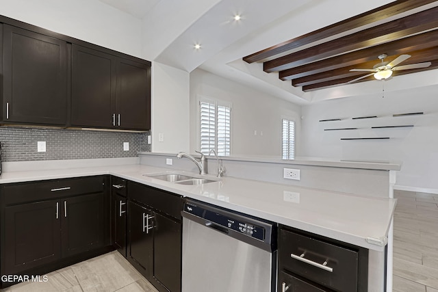 kitchen featuring backsplash, a peninsula, beam ceiling, stainless steel dishwasher, and a sink