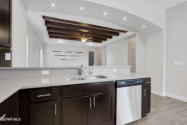 kitchen with beamed ceiling, light countertops, a sink, ceiling fan, and dishwasher