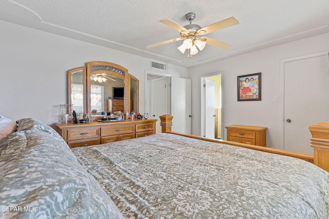 bedroom featuring a ceiling fan, visible vents, and a textured ceiling