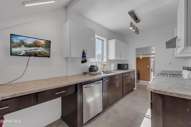 kitchen featuring a sink, dark brown cabinets, stainless steel dishwasher, light countertops, and range hood