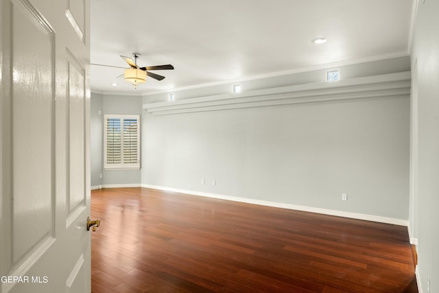 unfurnished room with recessed lighting, wood finished floors, a ceiling fan, baseboards, and ornamental molding