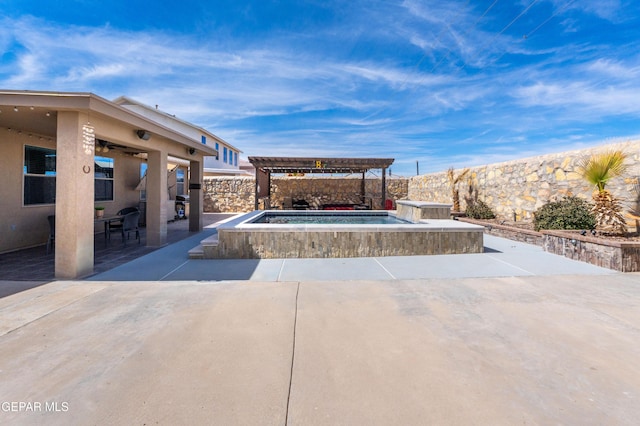 view of swimming pool with a fenced backyard, an in ground hot tub, a ceiling fan, a pergola, and a patio area