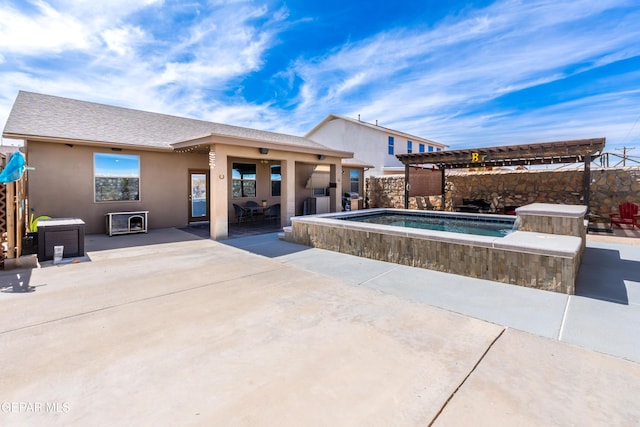 view of pool with a patio, fence, an outdoor hot tub, and a pergola