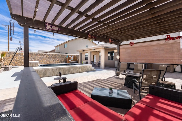 view of patio / terrace featuring fence, an outdoor hangout area, and a fenced in pool