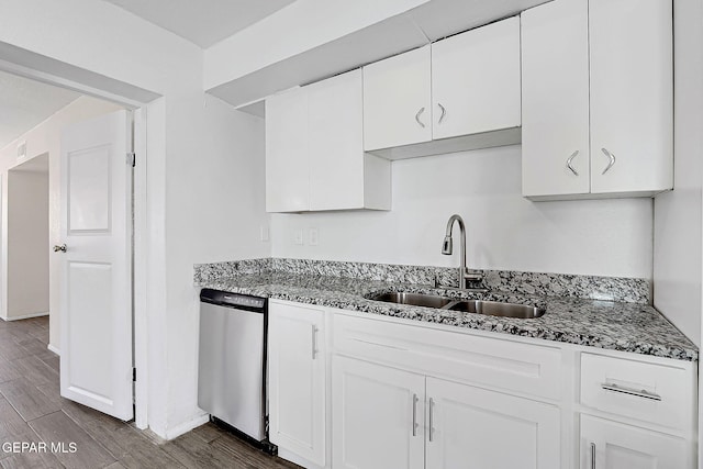 kitchen featuring a sink, white cabinetry, dark wood-type flooring, and dishwasher