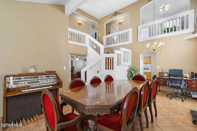 dining area featuring arched walkways, lofted ceiling with beams, stairs, a chandelier, and light tile patterned flooring