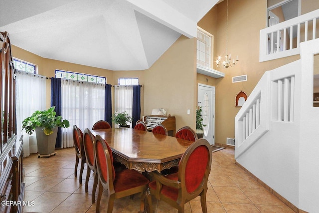 dining room featuring stairway, light tile patterned floors, visible vents, and an inviting chandelier