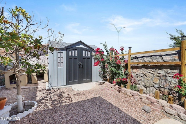 view of shed featuring a fenced backyard