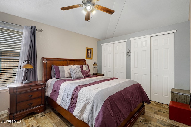 bedroom featuring multiple windows, vaulted ceiling, multiple closets, and wood finished floors