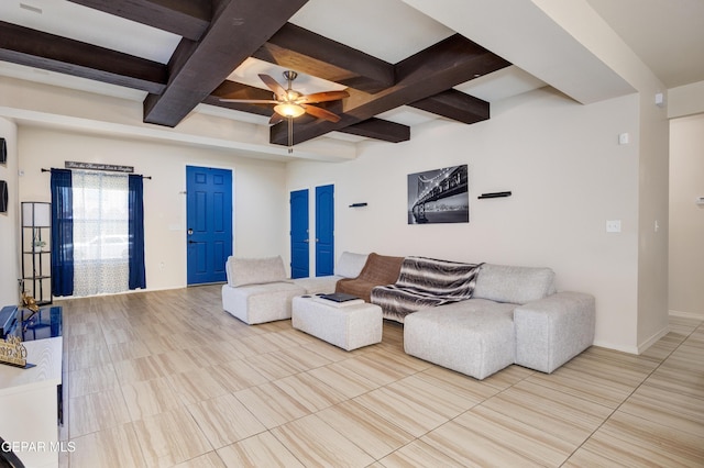 living area featuring beamed ceiling, a ceiling fan, baseboards, and coffered ceiling