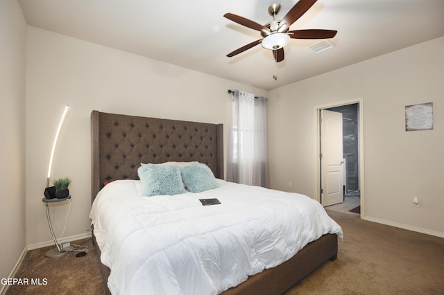 carpeted bedroom featuring visible vents, a ceiling fan, and baseboards