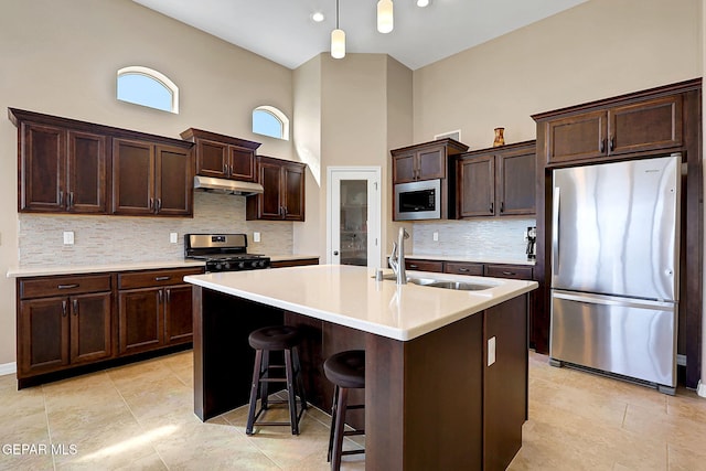 kitchen with stainless steel appliances, a sink, under cabinet range hood, and dark brown cabinets