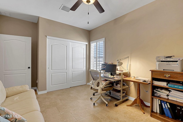 office featuring baseboards, visible vents, and a ceiling fan