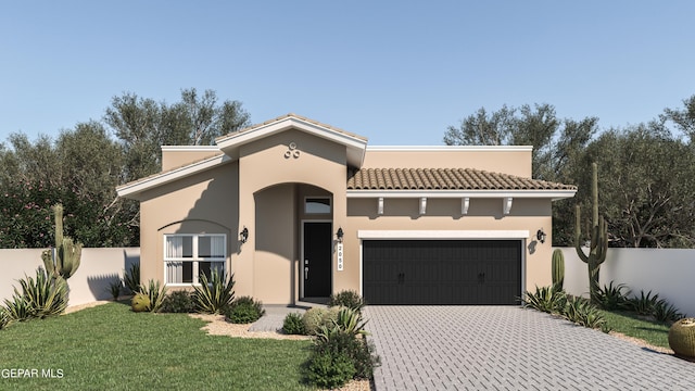 mediterranean / spanish home with a garage, fence, decorative driveway, stucco siding, and a front lawn