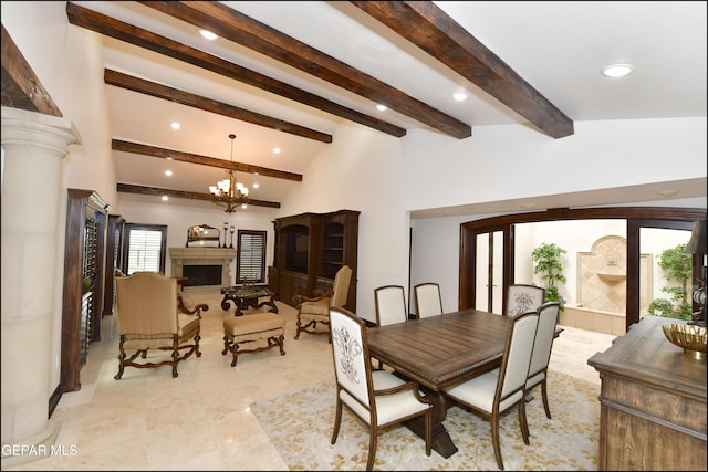 dining room featuring beamed ceiling, an inviting chandelier, a fireplace, high vaulted ceiling, and recessed lighting