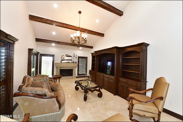 living room with high vaulted ceiling, a premium fireplace, a chandelier, beamed ceiling, and baseboards