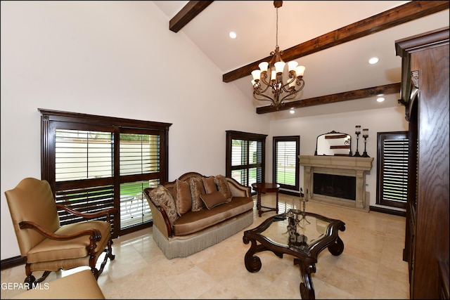 living area with a high end fireplace, a chandelier, high vaulted ceiling, beam ceiling, and recessed lighting