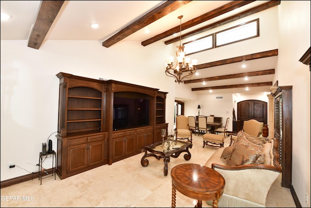 living area featuring recessed lighting, beamed ceiling, baseboards, and an inviting chandelier