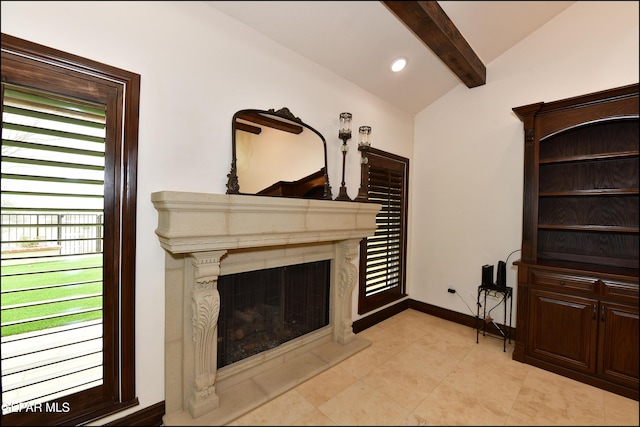 living room with light tile patterned floors, baseboards, a premium fireplace, vaulted ceiling with beams, and recessed lighting