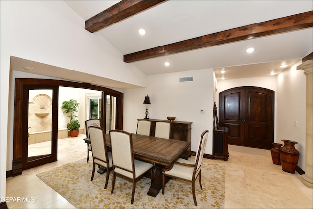 dining area featuring arched walkways, recessed lighting, visible vents, lofted ceiling with beams, and ornate columns