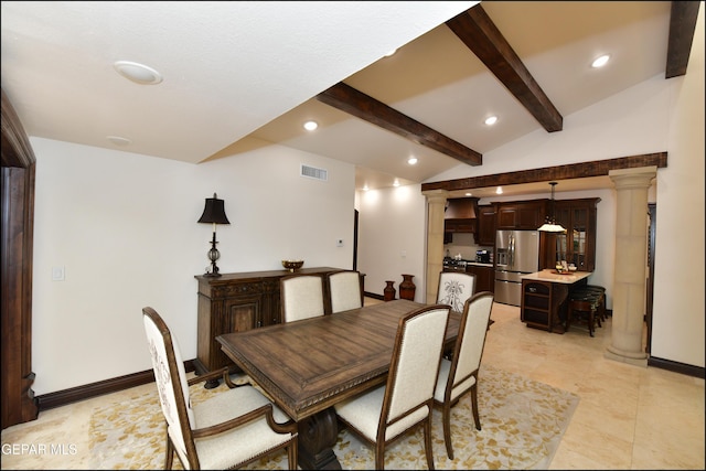 dining room featuring vaulted ceiling with beams, visible vents, decorative columns, and recessed lighting