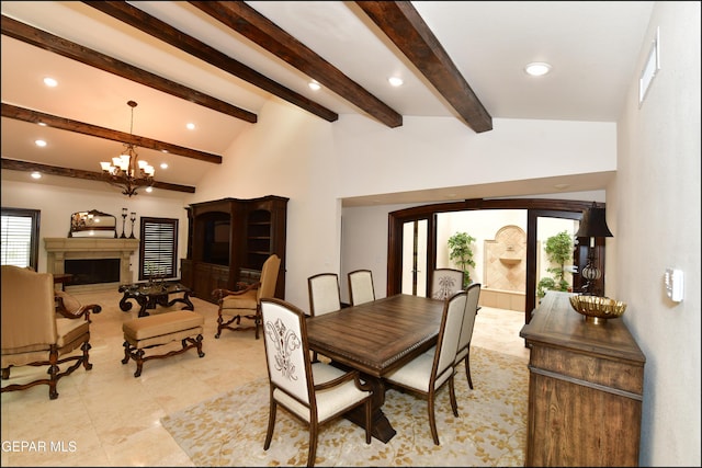 dining space featuring a chandelier, a fireplace, high vaulted ceiling, beam ceiling, and recessed lighting