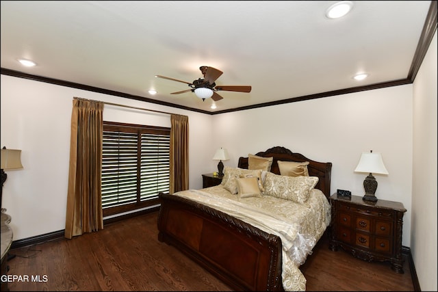 bedroom with ornamental molding, dark wood-style flooring, ceiling fan, and baseboards