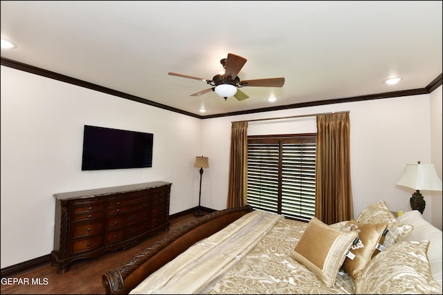 bedroom with recessed lighting, ornamental molding, ceiling fan, wood finished floors, and baseboards