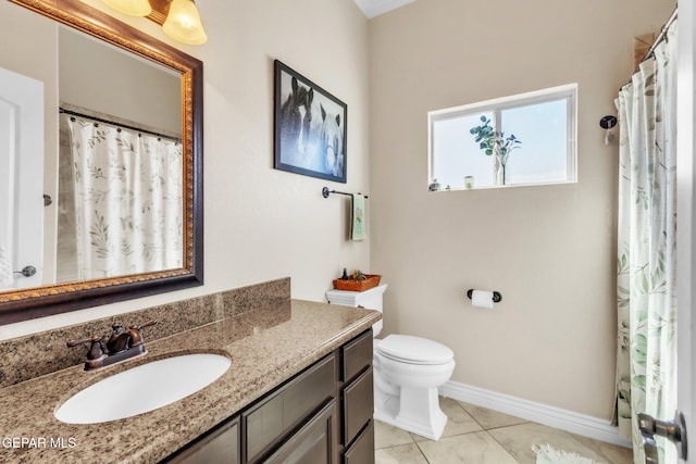 full bathroom with baseboards, toilet, a shower with curtain, tile patterned flooring, and vanity