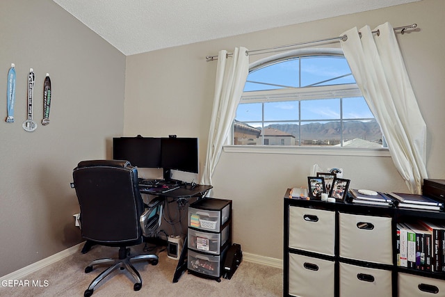 office area featuring carpet floors, baseboards, vaulted ceiling, and a textured ceiling