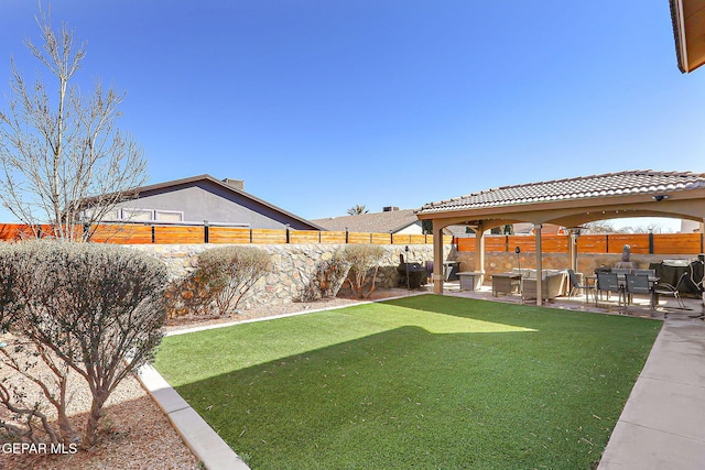 view of yard featuring a patio area, a fenced backyard, and an outdoor hangout area