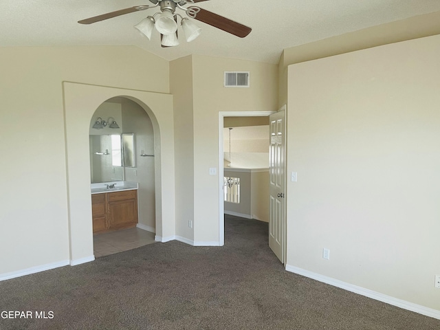 1513 Prickley Pear Dr, El Paso, TX 79912 - unfurnished bedroom featuring carpet floors, lofted ceiling, arched walkways, a sink, and baseboards